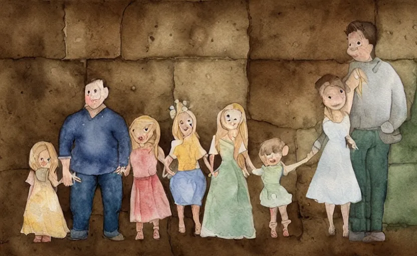 Image similar to storybook illustration of family portraits hanging on a wall, watercolor, sepia tints