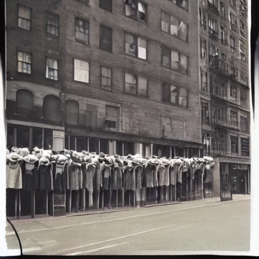 Image similar to wide-shot low-angle photo of empty!!! animated clothes (((heads))) at the street in New York, polaroid photo, by Andy Warhol, signed