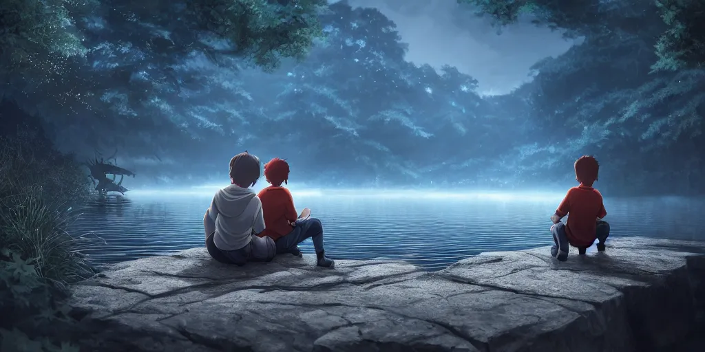 Image similar to a silver dragon and a boy sitting next to lake in forest, many fireflys, at night, concept art, dof, cryengine, digital art, detailed background, makoto shinkai