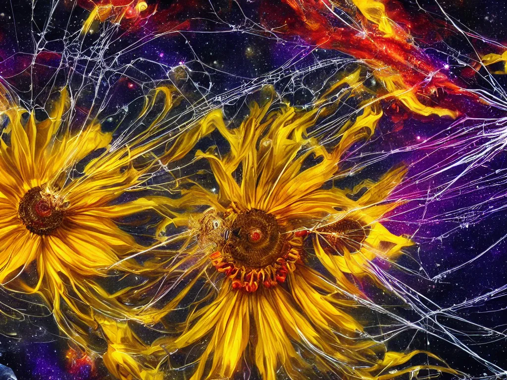 Prompt: Firing synapses, helianthus flowers, connections, spider webs, dreamcatchers, honey and bees, galaxies, HD wallpaper, fluid electricity, Nielly