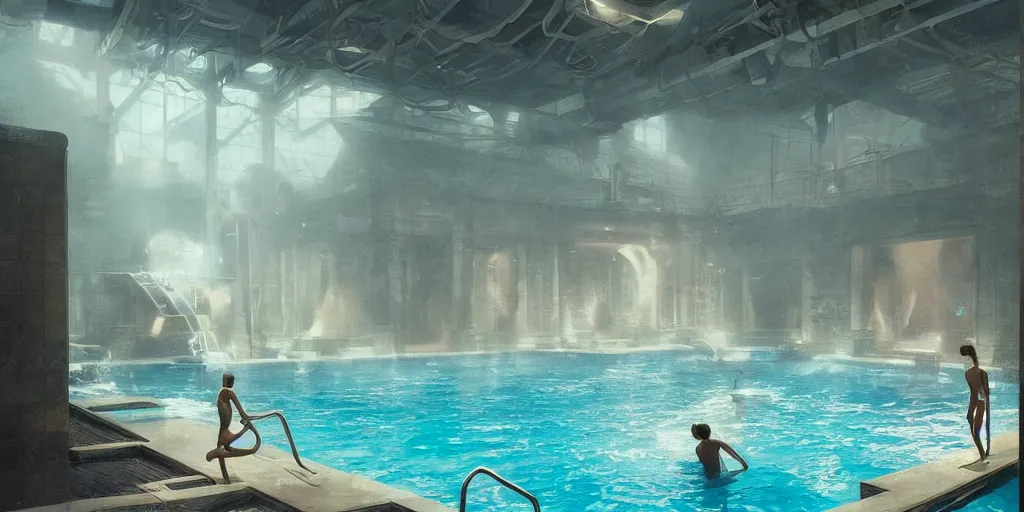 Image similar to swimming pool of a thermal fitness center, with hot spring, cinematic lighting, exaggerated detailed, unreal engine, art by greg rutkowski & peter mohrbacher