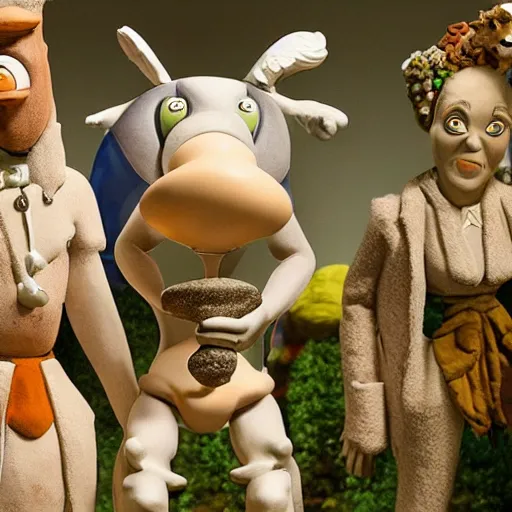 Prompt: a claymation film still of anthropomorphic stone / collection / ethnographic museum / claymation by jeff koons