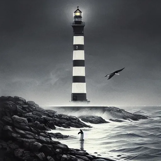 Image similar to lighthouse, ocean, two loons, crashing waves, light, black and white, tattoo art, dramatic lighting, illustration by Greg rutkowski, yoji shinkawa, 4k, digital art, concept art, trending on artstation