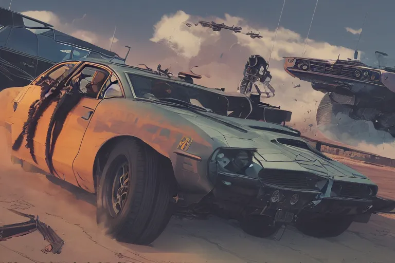 Image similar to digital illustration of mad max's sw 2 0 pursuit special, by makoto shinkai, ilya kuvshinov, lois van baarle, rossdraws, basquiat