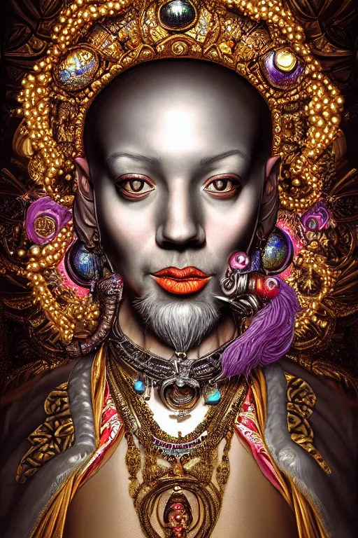 Prompt: maximalist detailed wise old genie portrait by adoryanti, machine. delusions, holosomnia, electrixbunny, rendered in discodiffusion. decorated with pearls and gems, behance hd. by andrei riabovitchev, tomasz alen kopera, oleksandra shchaslyva igor goryunov artgerm. ray tracing hdr polished sharp