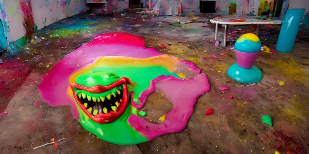 Image similar to a huge messy colorful puddle of runny rainbow sherbet on the floor of a abandoned ice cream parlor comes to life, the sherbet raises to stand in the shape of a evil clown with sharp scary fangs attacking. a legion of giant evil gummy bares are behind.