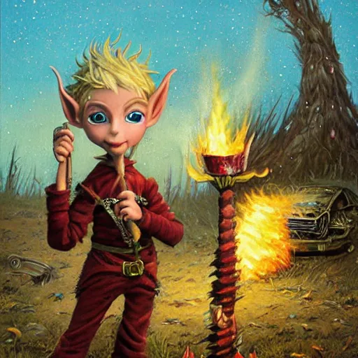 Image similar to a skinny high-fantasy elf with a long narrow face and spiky blonde hair wearing dark brown overalls and holding a firecracker standing next to a destroyed car, painting by Ed Binkley