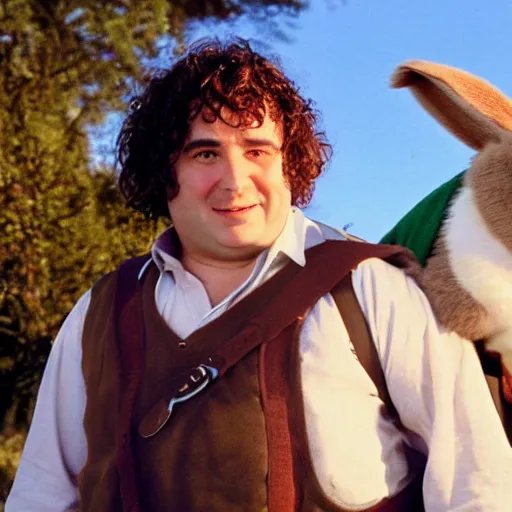 Image similar to clean shaven pudgy British lad with short curly dark brown hair as a hobbit wearing a white men's crossbody sling chest bag and blue vest standing next to a giant rabbit, blue vest! high resolution film still, movie by Peter Jackson