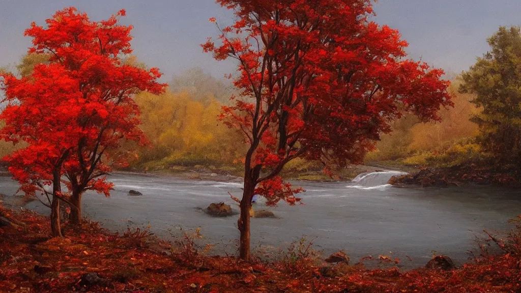 Image similar to A beautiful oil painting of a single tree, the tree is at the top of a hill, the tree is in the rule of thirds, the fall has arrived and the leafs started to become golden and red, the river is zigzagging and flowing its way, the river has lots of dark grey rocks, by Greg Rutkowski