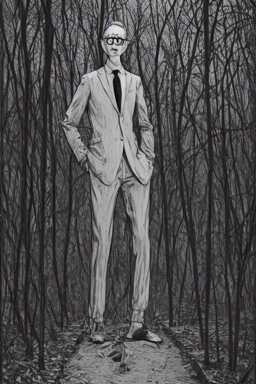 Image similar to close up portrait of slender - man wearing a suit, in a deserted playground in the woods, by frantisek kupka, intricate, miles johnston, kuroda seiki, cynical realism, ozabu, john william godward, painterly, yoshitaka amano, moebius, miles johnston, louise zhang, james jean, mark ryden