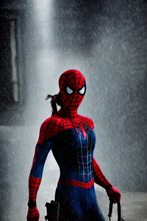 Image similar to cinematic!!!! of lara croft as spiderman!!!!!!, dramatic rain, 8 k, moody lighting