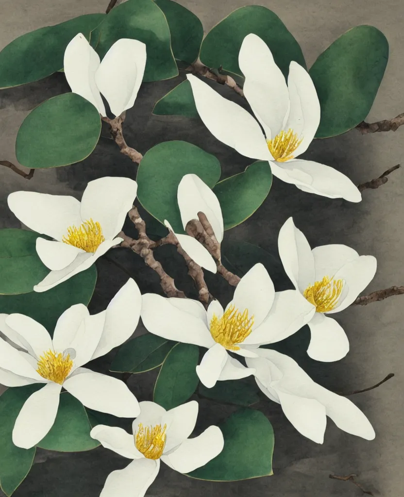 Image similar to japanese naturalist watercolor of magnolia sprig on white background. textbook.