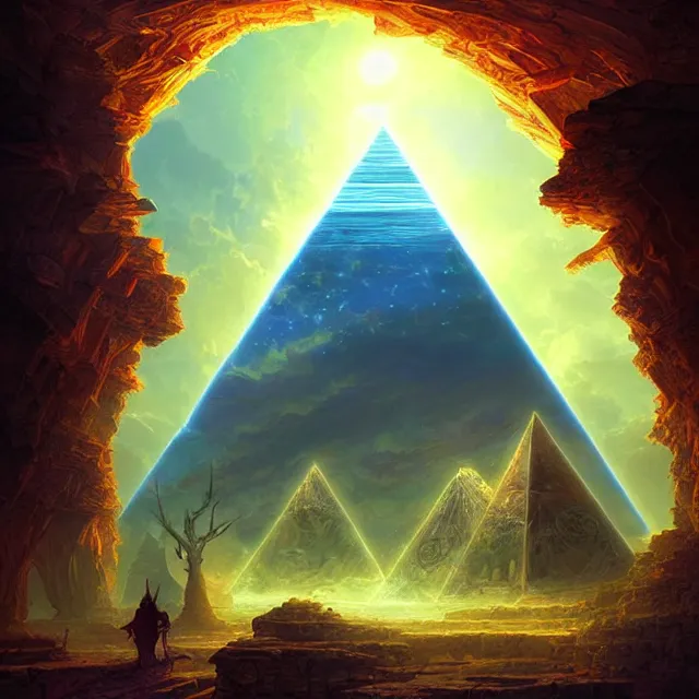 Image similar to the illuminati eye pyramid, a fantasy magical landscape seen in the distance, atmospheric lighting, intricate, volumetric lighting, beautiful, sharp focus, ultra detailed, in the art style of marc simonetti, bowater charlie and brom gerald, astrophotography