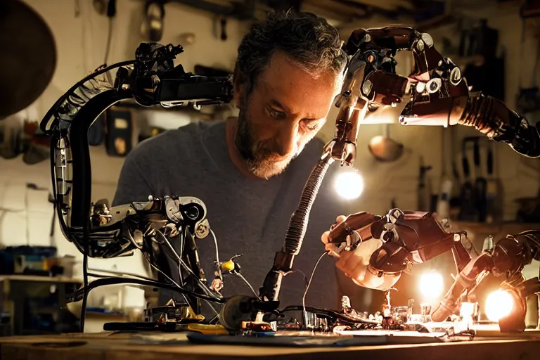 Image similar to cinematography closeup portrait of a Man soldering repairing robot parts in his garage by Emmanuel Lubezki