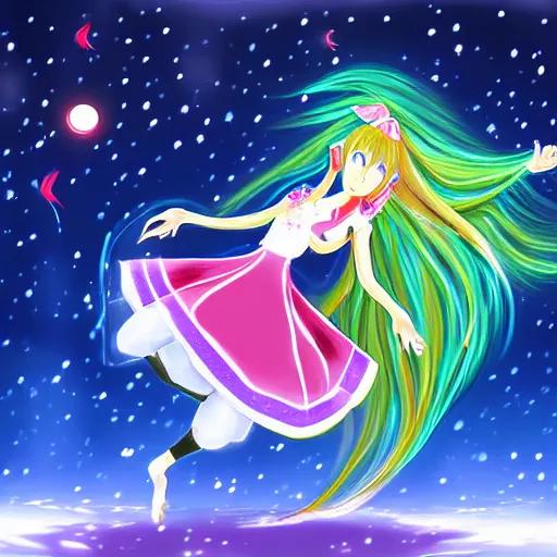 Prompt: digital painting of a long hair anime lady ELF dancing in the moonlight in the style of Sakimichan