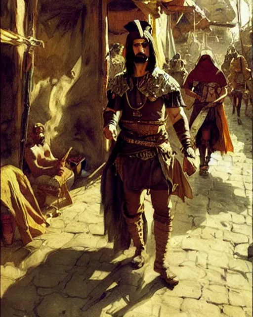 Image similar to fantasy concept art by anders zorn depicting colin farrell as an ancient egyptian rogue walking through a busy medieval outdoor bazaar