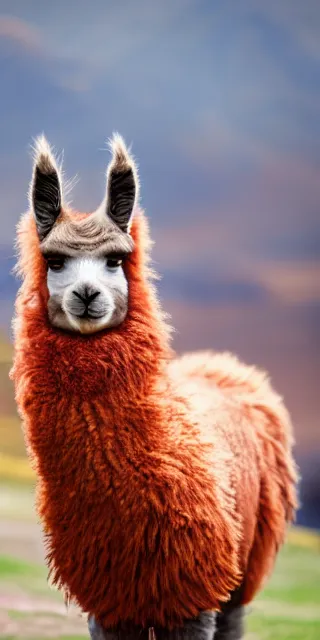 Prompt: a dlsr canon shot of a furry llama - colors full body, centralized, colored fur, vibrant ultrareal, zeiss lens, full body, centralized, colored fur, vibrant colors, hdr, photorealistic, ultrareal, zeiss lens, depth of field