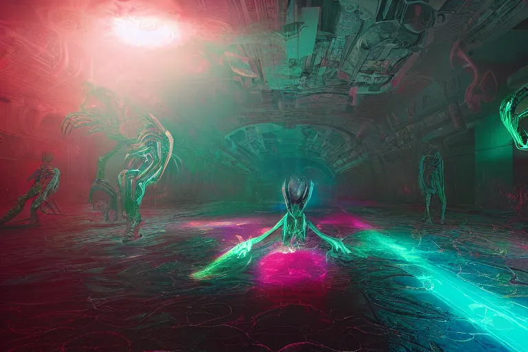 Image similar to a beautiful 3 d rendered representation of an lsd trip with aliens, inspired by the xenomorph, octane render, unreal engine, 4 k, trending on artstation