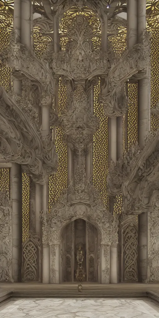 Image similar to ultra detailed, high definition, octane render 3d, throne room, stone pillars, high ceiling, art nouveau, goth