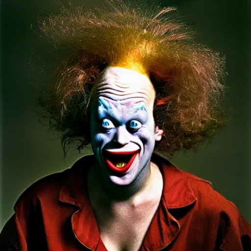 Image similar to uhd photorealisitc candid photo of krusty the clown. photo by annie leibowitz and steve mccurry