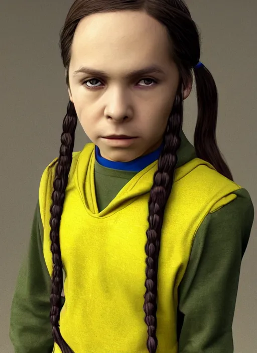 Image similar to An epic fantasy comic book style portrait painting of a young green-eyed feminine boy, fair skin, long brown hair worn in two pigtails, with his left pigtail being shorter than his right, he wears a yellow hoodie with a grey undershirt, unreal 5, DAZ, hyperrealistic, octane render, cosplay, RPG portrait, dynamic lighting