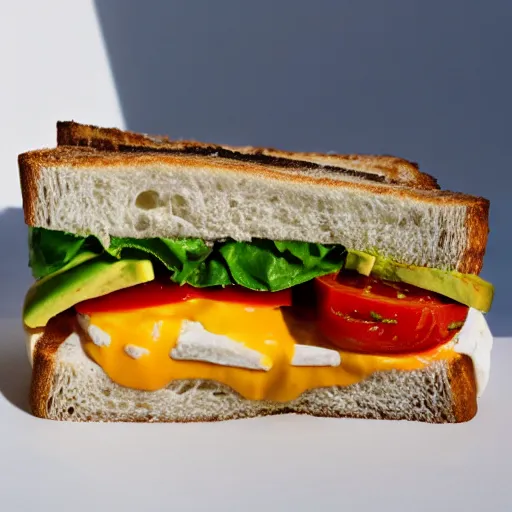 Image similar to sandwich breath that inside has tofu, tomato, onion, avocado and cheddar, over a dish and over a table, sunset background with saturn in the sky, studio photo, amazing light