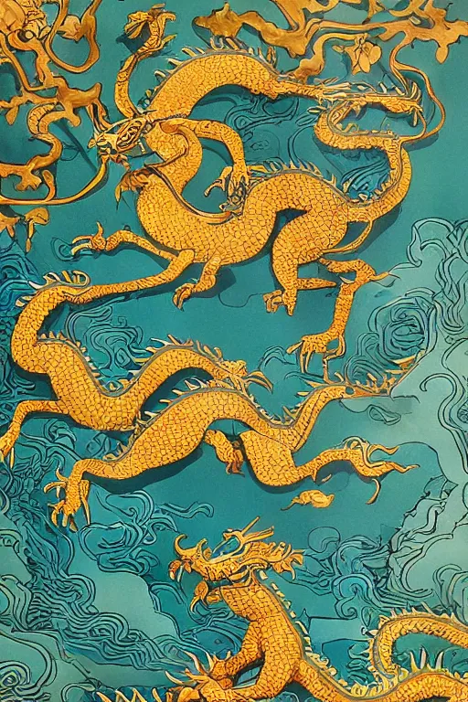 Image similar to chinese zodiac dragon, by james jean, eyvind earle, china gold clocor scheme