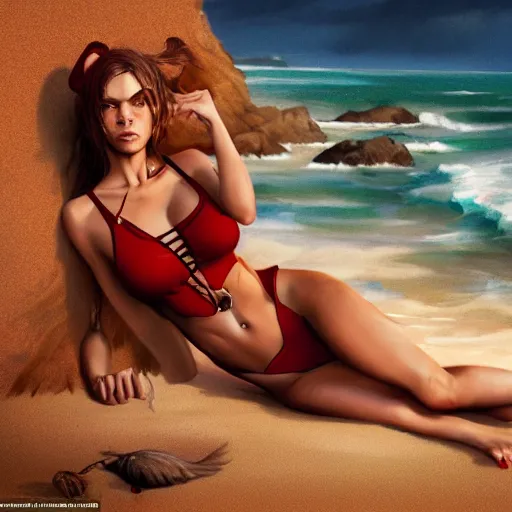 Prompt: anthropomorphic brown cat woman wearing a red bikini at the beach, digital art, 8 k resolution, very detailed eyes, feminine face, by greg rutkowski, alhponwse mucha, magali villeneuve