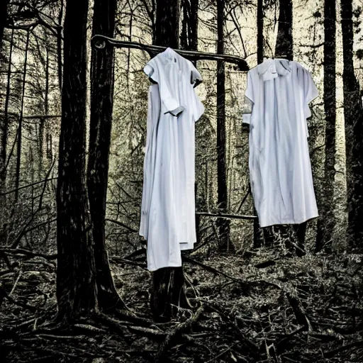 Image similar to clothes hanging on a clothes rack in a lonely eery forest, fever dream, award winning photography, dreamcore, weirdcore