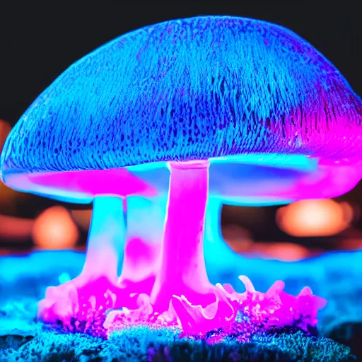 Image similar to ultraviolet - induced visible fluorescence of one layered fancy mushroom at night, low saturation, pale blue and pink, photographed by craig burrows, behance hd,