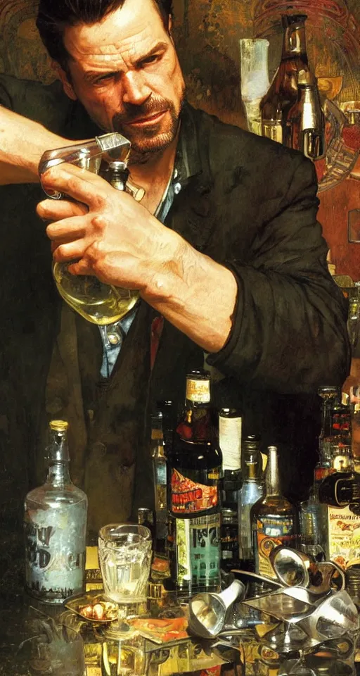 Image similar to close up of max payne pouring a drink, sun shining, photo realistic illustration by greg rutkowski, thomas kindkade, alphonse mucha, loish, norman rockwell.