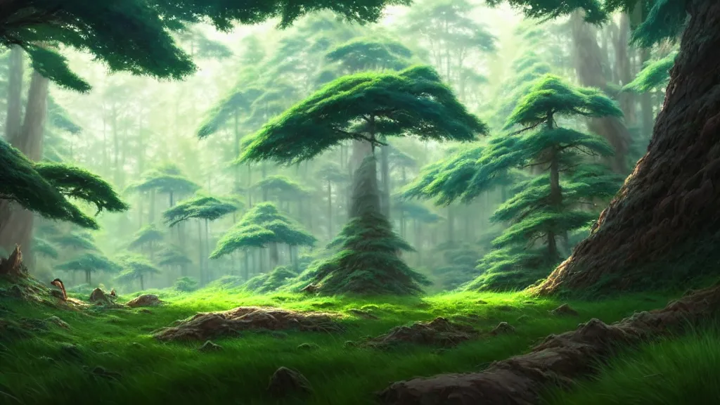 Image similar to forest clearing landscape, studio ghibli, pixar and disney animation, sharp, rendered in unreal engine 5, highly detailed, digital painting, artstation, concept art, smooth, sharp focus, illustration, wide angle, artbook, wallpaper, splash art, promo art, dramatic lighting, art by artgerm and greg rutkowski and bo chen and jin xiaodi