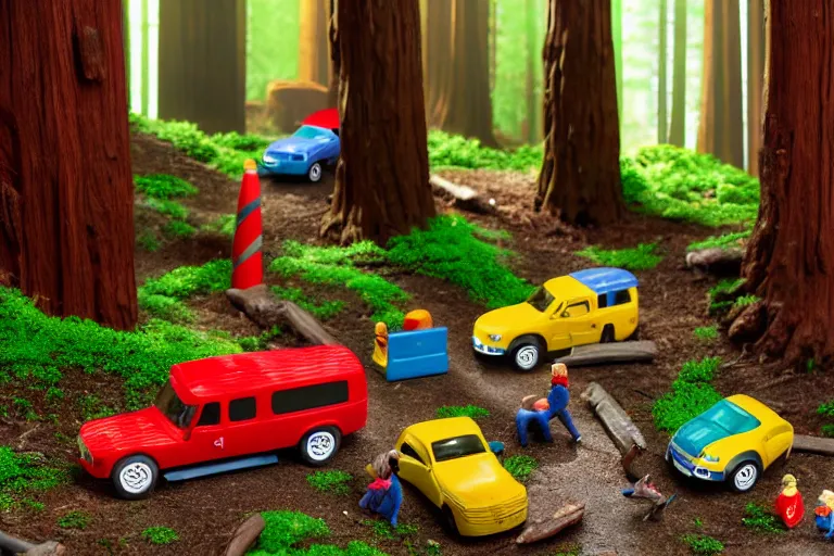 Image similar to fisher price redwood forest, california scene from tv show hyper detailed 5 5 mm 8 5 mm, toy photography, made out of plastic