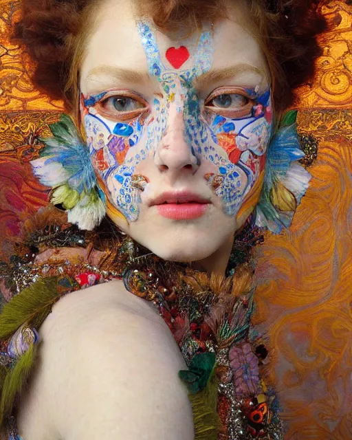 Image similar to a beautiful girl wearing colourful face paint surrounded by bright intricate patterns, by edgar maxence and caravaggio and michael whelan, intricate painting, hyper realistic, extremely detailed and beautiful aesthetic face, 8 k resolution