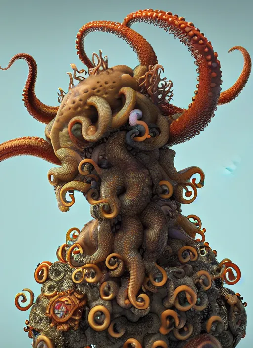 Image similar to octopus fox hybrid, rococo, intricate geometry, rainbow mycelium, basil wolverton, hr giger, studio ghibli, octane render