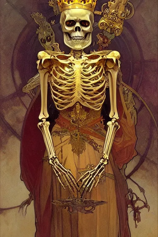 Prompt: A skeleton wearing golden mask, fantasy, crown, painting by greg rutkowski and alphonse mucha