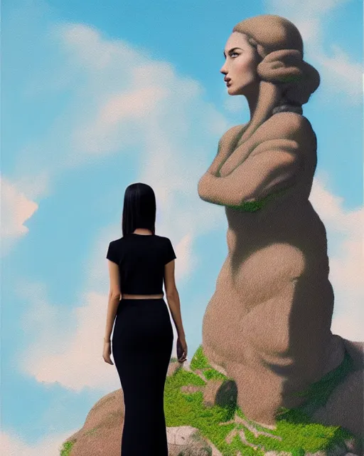 Image similar to a painting of a real woman standing in front of a huge stone statue, a screenshot by stanley twardowicz, cgsociety, aestheticism, aesthetic, vaporwave, anime aesthetic