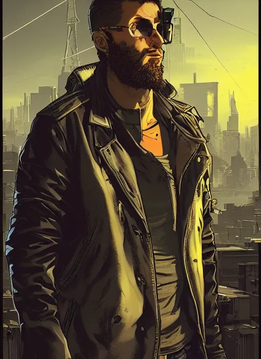 Image similar to dangerous Ezra. smug cyberpunk hacker with a beard and cyberpunk eyepiece. attractive face. Realistic Proportions. Concept art by James Gurney and Laurie Greasley. Moody Industrial skyline. ArtstationHQ. Creative character design for cyberpunk 2077.