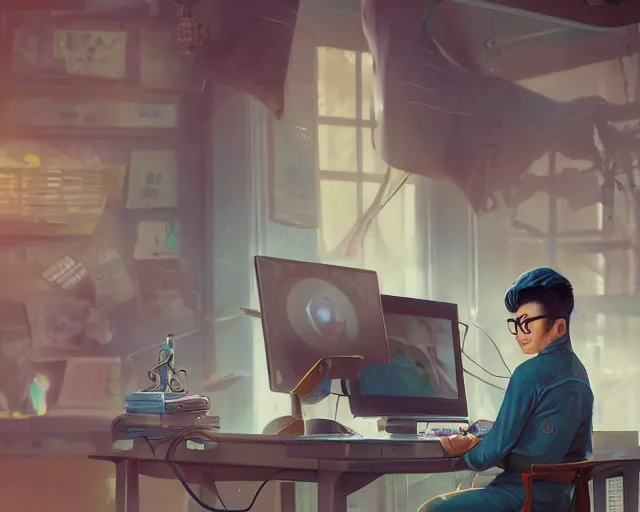 Image similar to an insanely detailed painting of a nerdy asian man wearing a superhero costume, sitting at a desk, staring at the nervously at the computer and typing, in the style of peter mohrbacher, dramatic lighting and composition, octane render, pixar, trending on artstation, concept art, comic book, view from behind