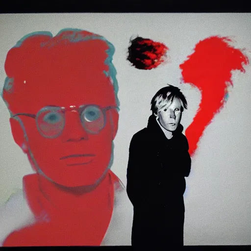 Image similar to a burning chemist in a white coat, andy warhol