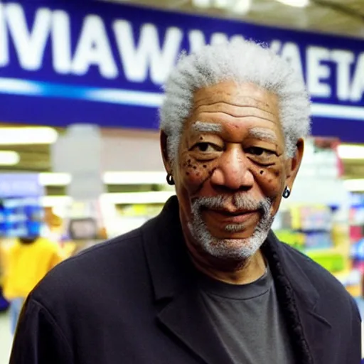 Prompt: a surveillance footage of Morgan Freeman at Walmart