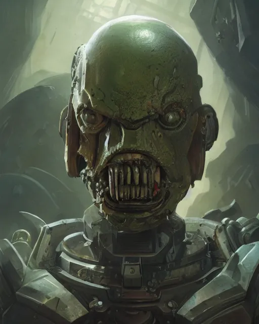 Image similar to hyper realistic portrait of warhammer android head, cinematic, chaos marine, nurgle, artstation, cgsociety, full head and shoulders, greg rutkowski, james gurney, mignola, craig mullins, brom