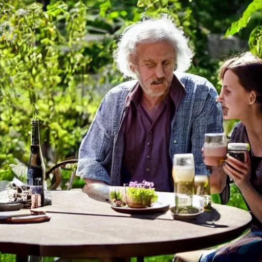 Prompt: man and woman sitting at table in garden. they drink beer and wine. the sun shines. folk horror. detailed. clematis. arbour