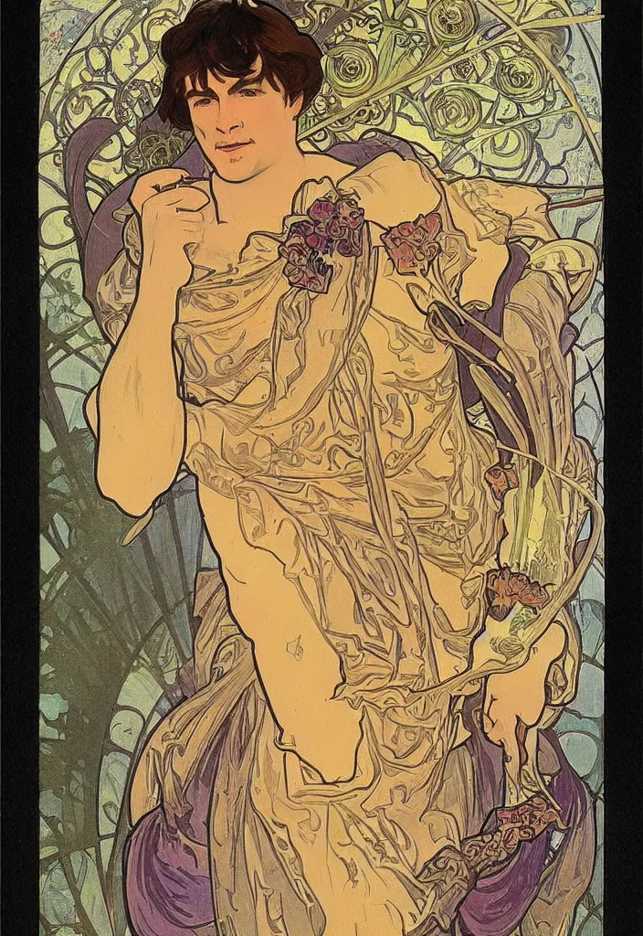 Prompt: Ian Goodfellow as the Fool on a tarot card, tarot in art style by Alphonse Mucha