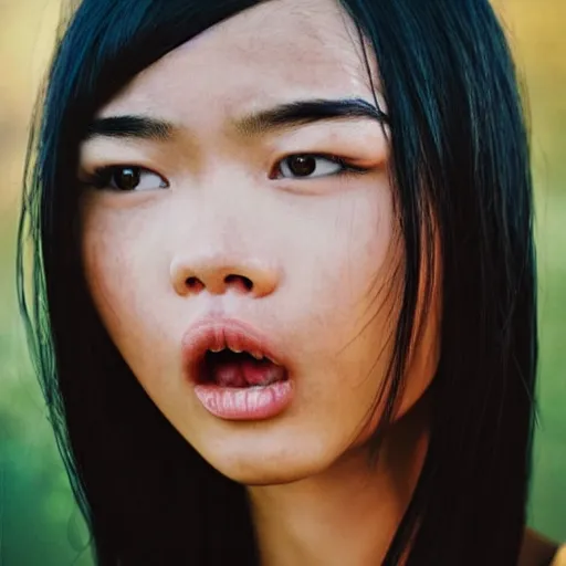 Prompt: [ asian girl ]!! with long black hair, posing!!, screaming excitedly, trending on unsplash, professional photography, shot by jimmy nelson, slim aarons, hans bellmer, and peter kemp, pinterest portrait!!