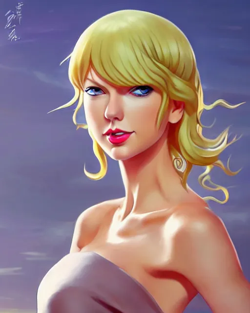 Image similar to taylor swift as nami from one piece, simple cream dress, detailed perfect face, mid view, by artgerm, by studio muti, greg rutkowski makoto shinkai takashi takeuchi studio ghibli