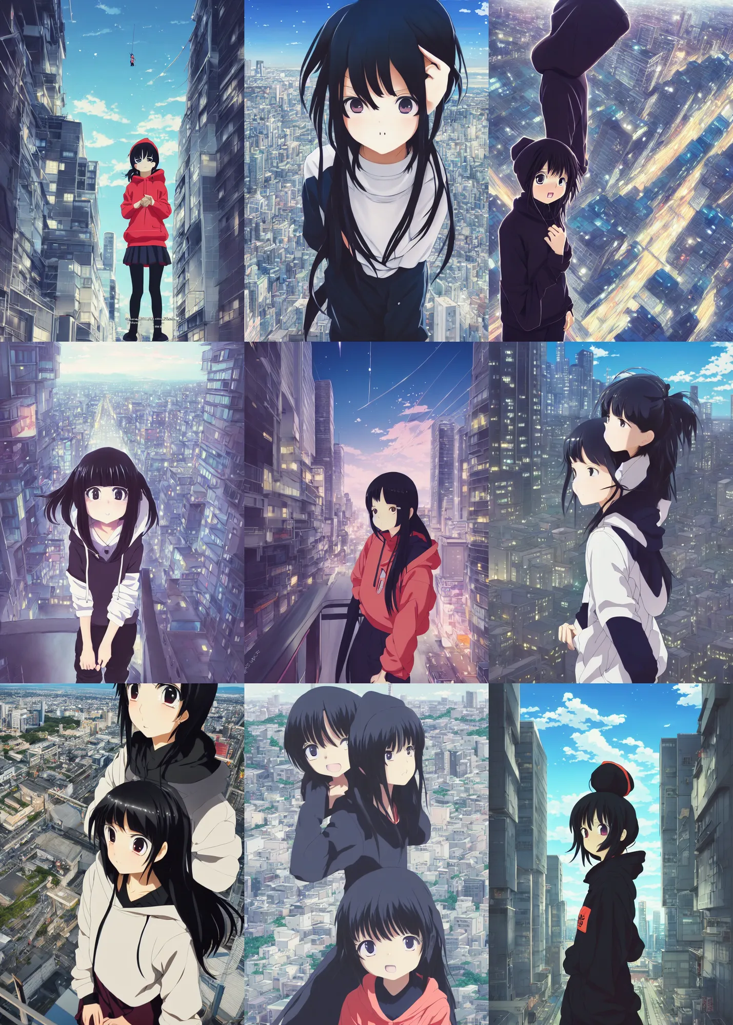 Prompt: anime visual, portrait of a young black haired girl wearing hoodie sightseeing above the urban city, guardrail, cute face by yoh yoshinari, katsura masakazu, dramatic lighting, dynamic pose, dynamic perspective, strong silhouette, ilya kuvshinov, anime cels, 1 8 mm lens, fstop of 8, rounded eyes, moody, detailed