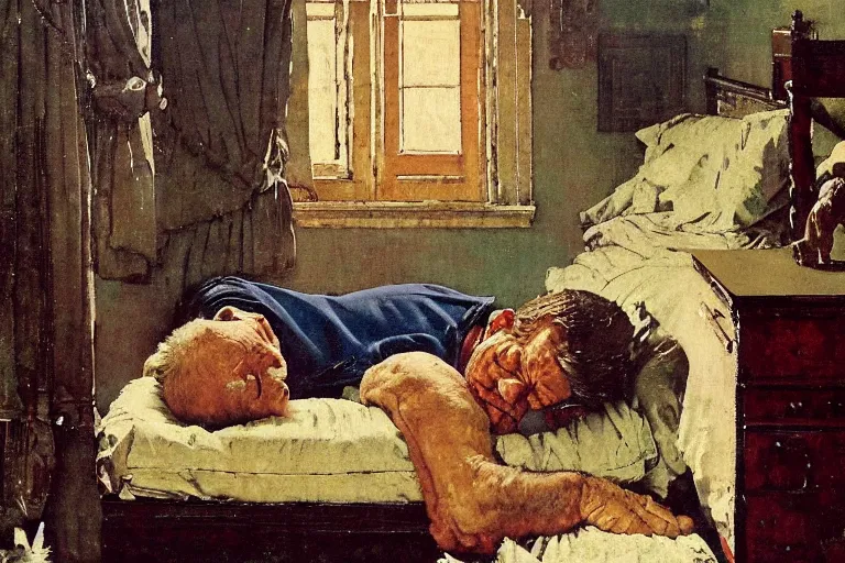 Image similar to an oil painting of the old man is sleeping in bed and having a dream about lions ; and a boy sits near the bed of the old man, by norman rockwell.