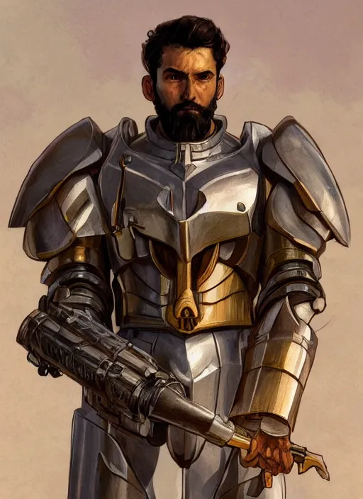 Image similar to medium-length portrait of a male paladin with short curly hair and a dark beard, dark brown skin, happy expression, wears a suit of power armor, gundam, medieval setting, highly detailed, digital painting, artstation, concept art, sharp focus, illustration, art by greg rutkowski and alphonse mucha