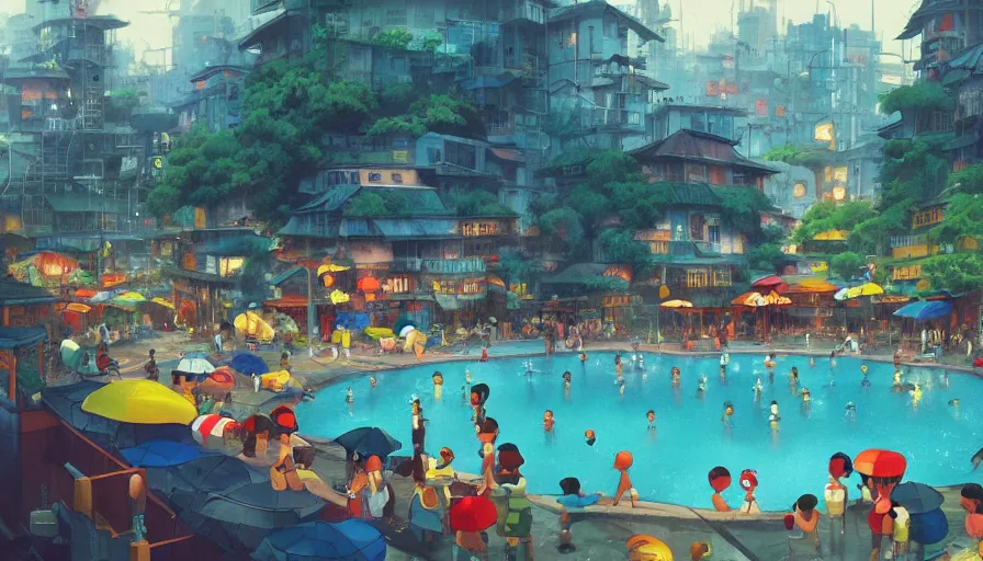 Prompt: Busytown swimming pool, optimistic colors, fun, moody, city background, by studio ghibli and greg rutkowski